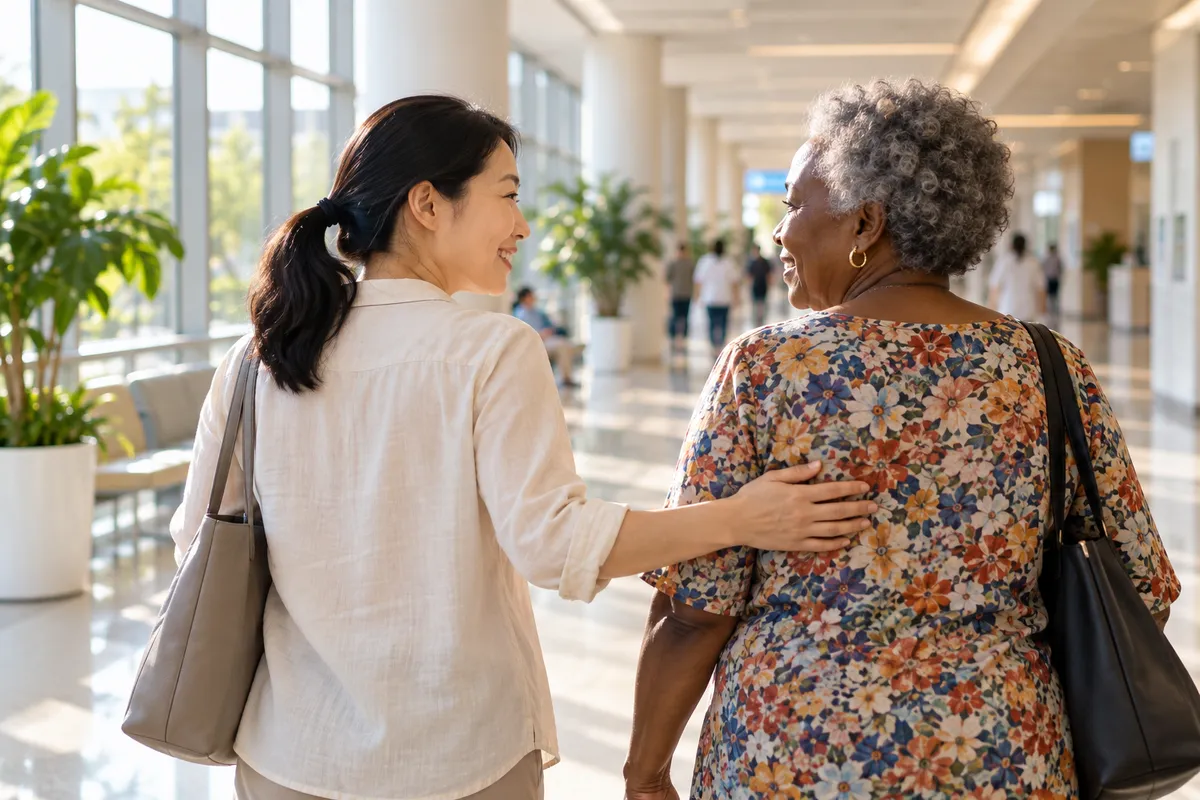 An escort walks beside a visitor along a bright hospital corridor