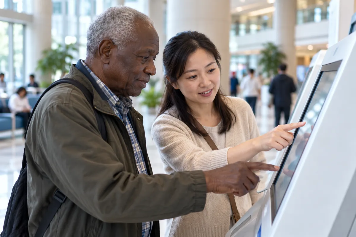 A medical escort helps a visitor use a self-service registration kiosk in a hospital lobby