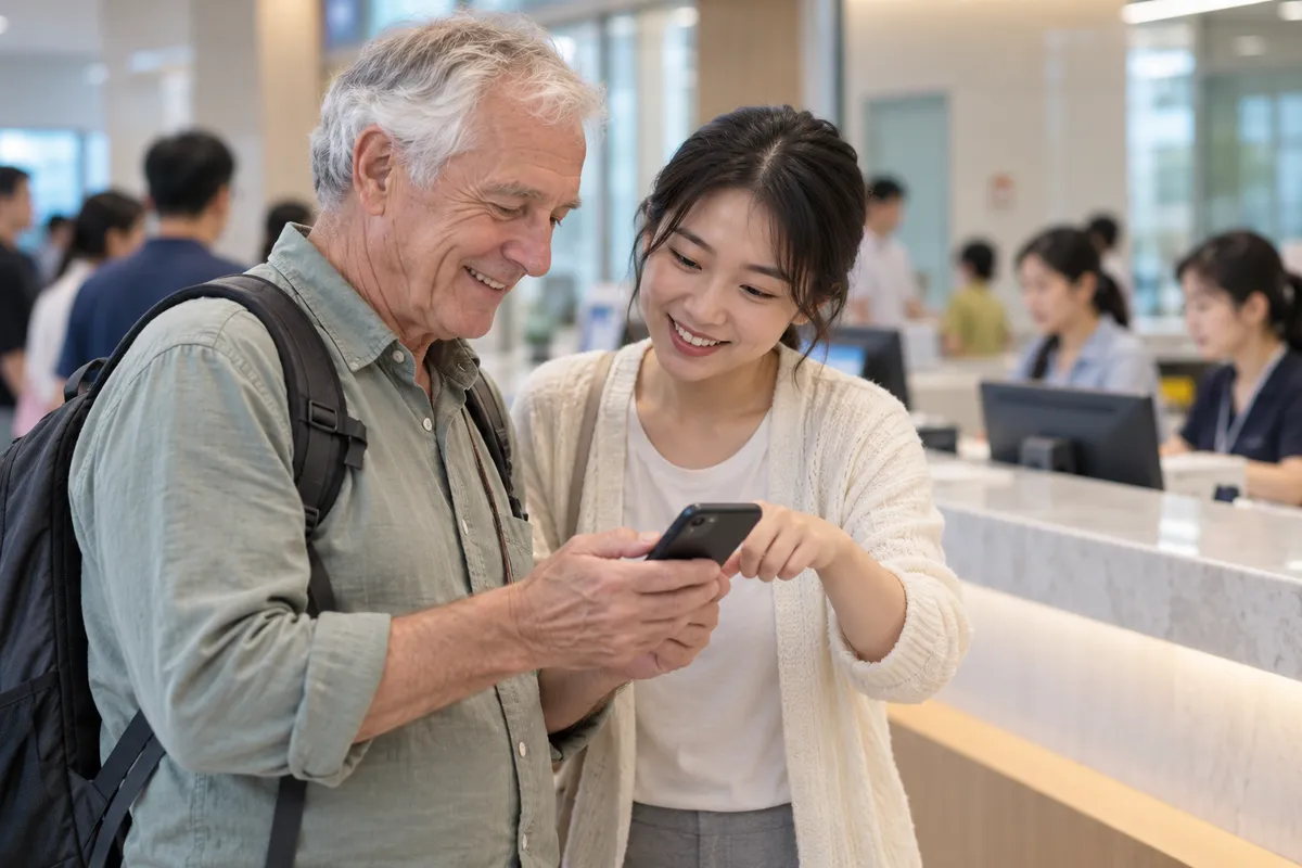 An escort helps a visitor pay with a smartphone at a hospital payment counter