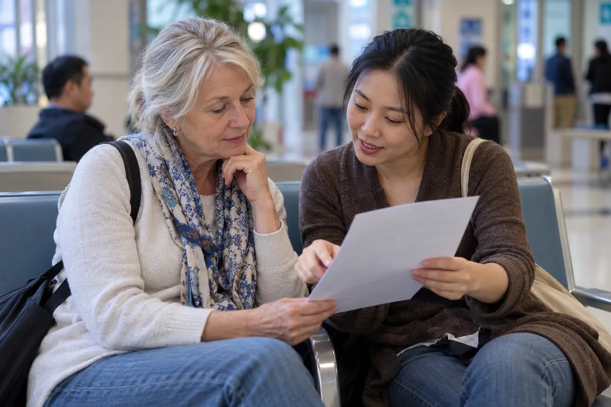 An escort explains a printed sheet to a visitor in a hospital waiting area